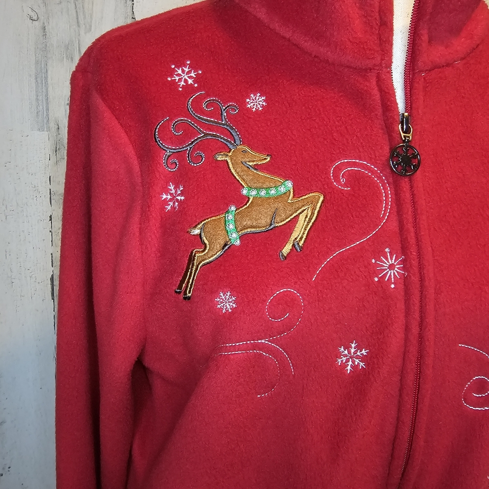Breckenridge Women's Large Red Fleece Christmas Jacket Sherpa Collar Embroidered - Picture 3 of 14